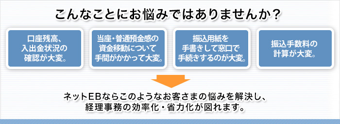 こんなことお悩みではありませんか？口座残高、入出金状況の確認が大変。当座・普通預金間の資金移動に手間がかかって大変。振込用紙を手書きして窓口で手続きするのが大変。振込手数料の計算が大変。ネットEBならこのようなお客さまの悩みを解決し、経理事務の効率化・省力化が図れます。