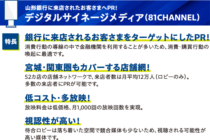 山形銀行に来店されたお客さまへPR！デジタルサイネージメディア（81CHANNEL）